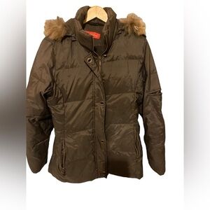 Anne Klein  Puffer Coat Parka sz L Women Dark Blue Removable Hood Faux Fur